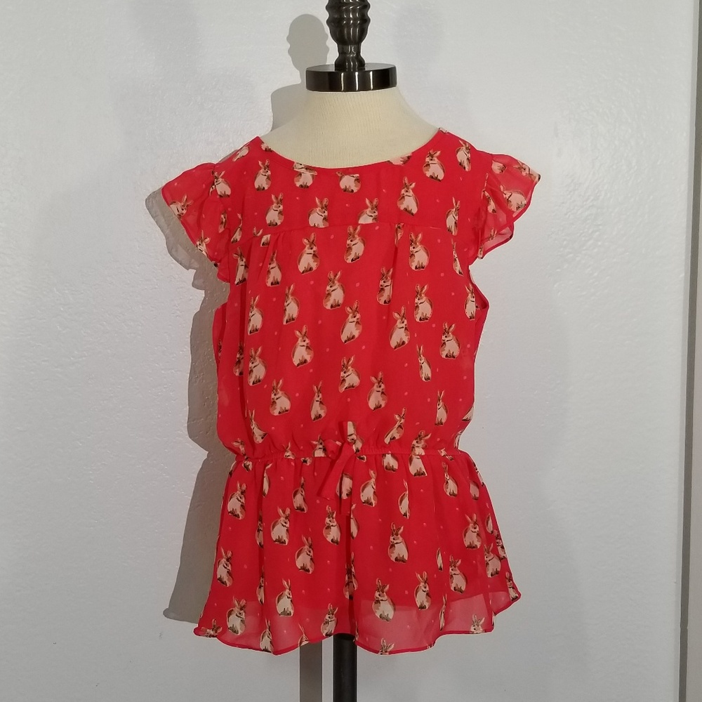 Red bunny rabbit blouse Scooter Brown girls 14